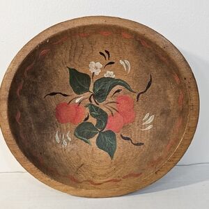 Vintage, Handpainted, Primitive, Wood Lathe Bowl, Cherries 🍒 Retro Fruit Decor